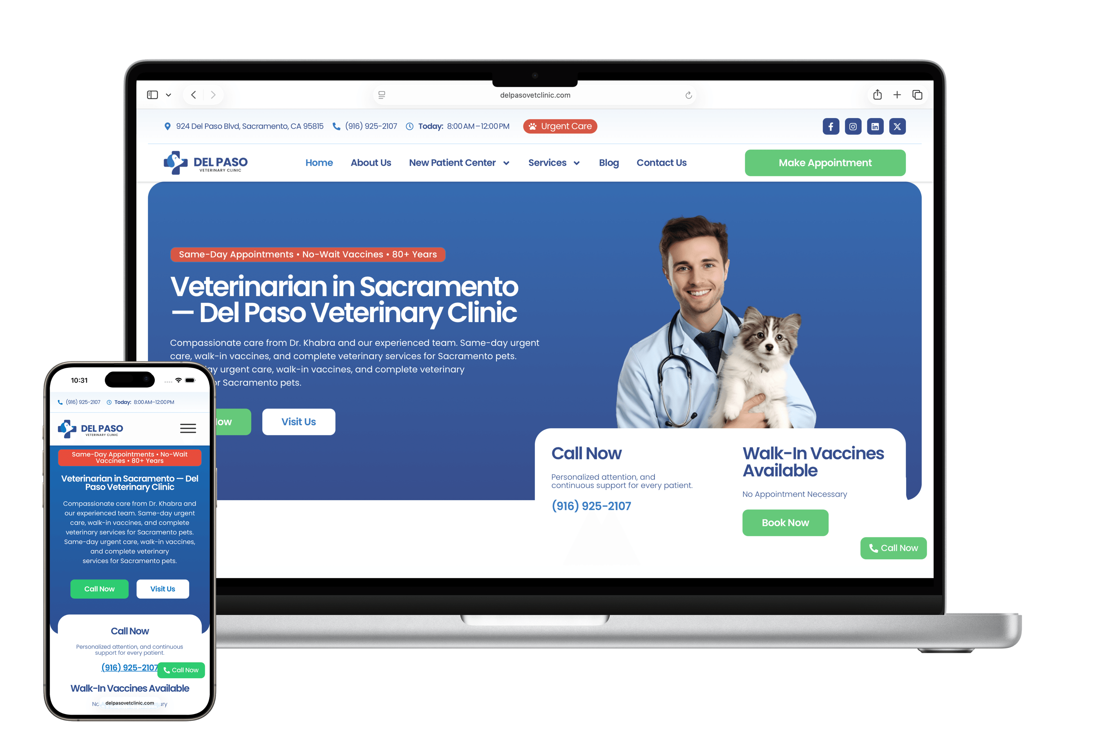 Del Paso Veterinary Clinic website mockup