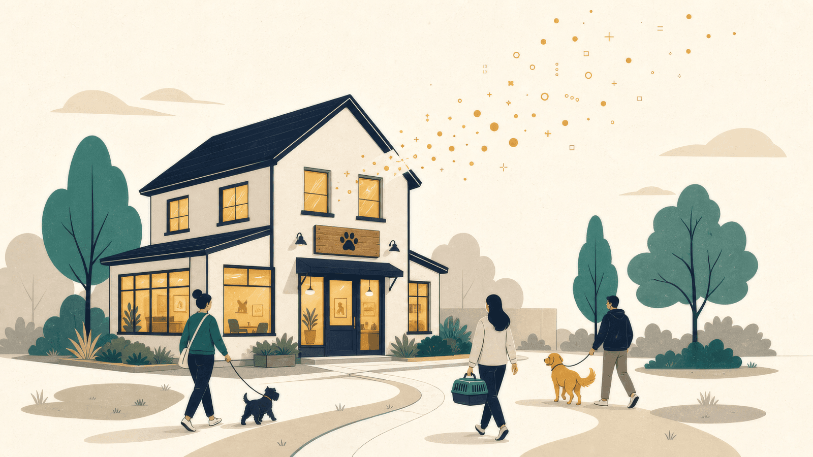 Editorial illustration of a small independent veterinary clinic with warm-lit windows and three pet owners walking their pets toward the entrance, with gold particles drifting from the roof representing growing visibility