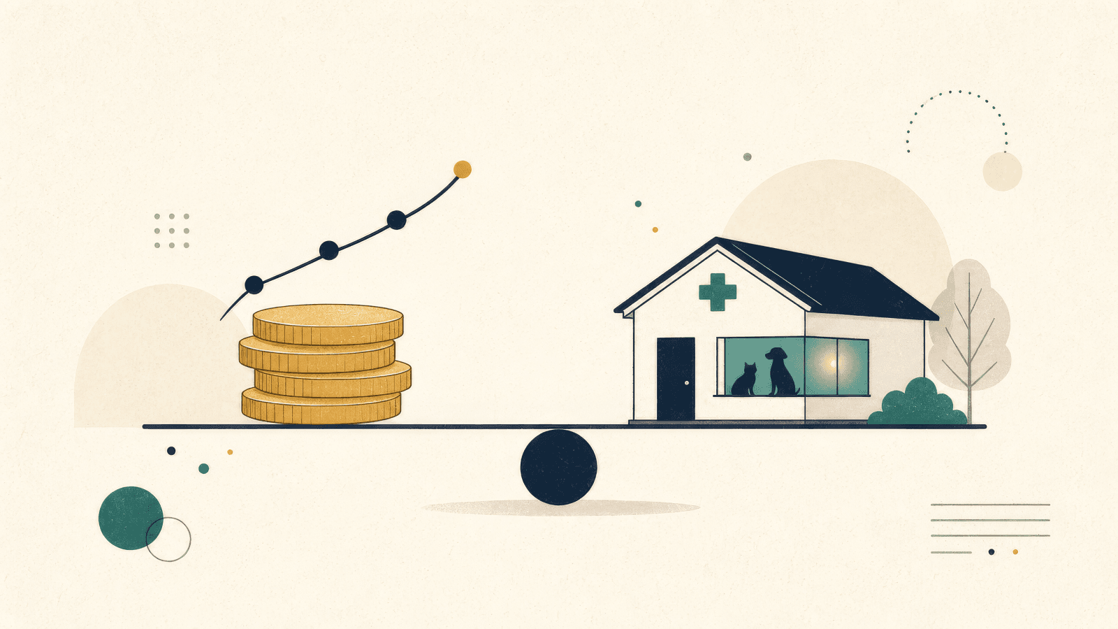 Editorial illustration showing stacked gold coins with an ascending growth chart on one side of a balance beam, and a small veterinary clinic with cat and dog silhouettes in the window on the other side, representing measured marketing investment