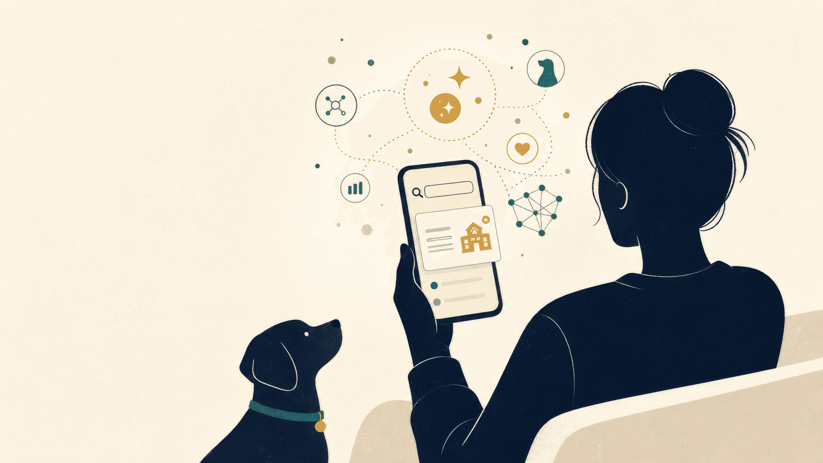 Editorial illustration of a pet owner shown from behind holding a smartphone, with an AI search interface floating above the screen showing a veterinary clinic recommendation highlighted in gold, and a small dog looking up from the floor
