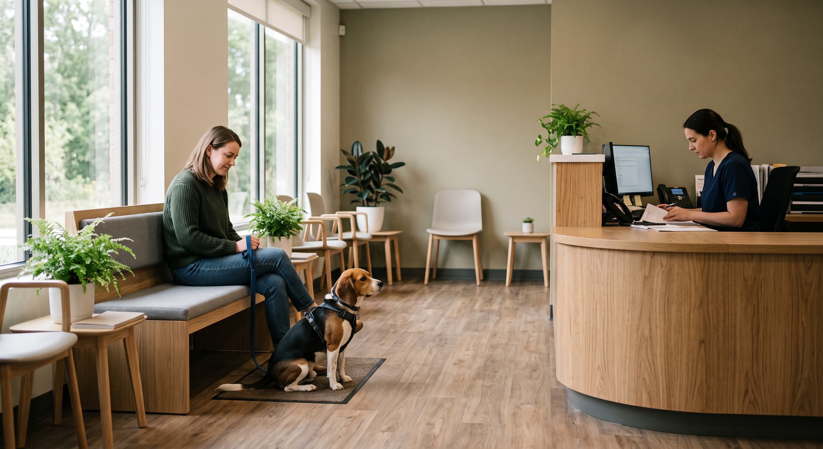A mostly empty veterinary waiting room with one client seated beside a leashed beagle and a receptionist working at the front desk.